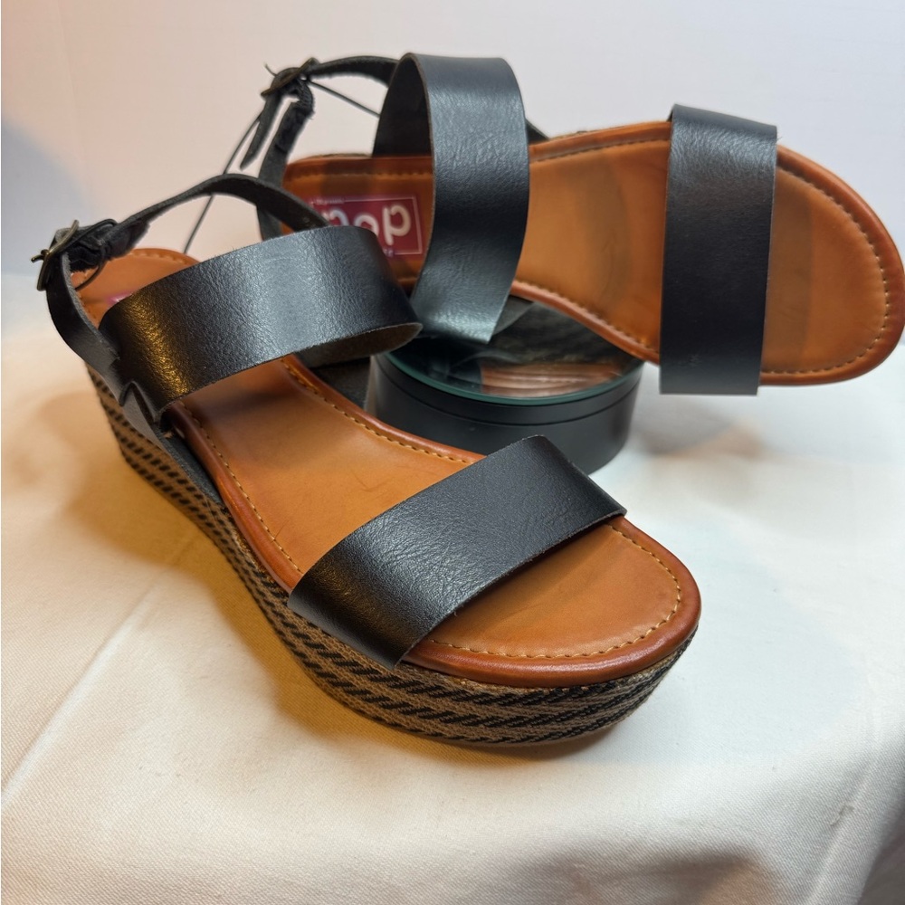 Jellypop platform wedge sandals black faux-leather uppers size 9.5 NEW